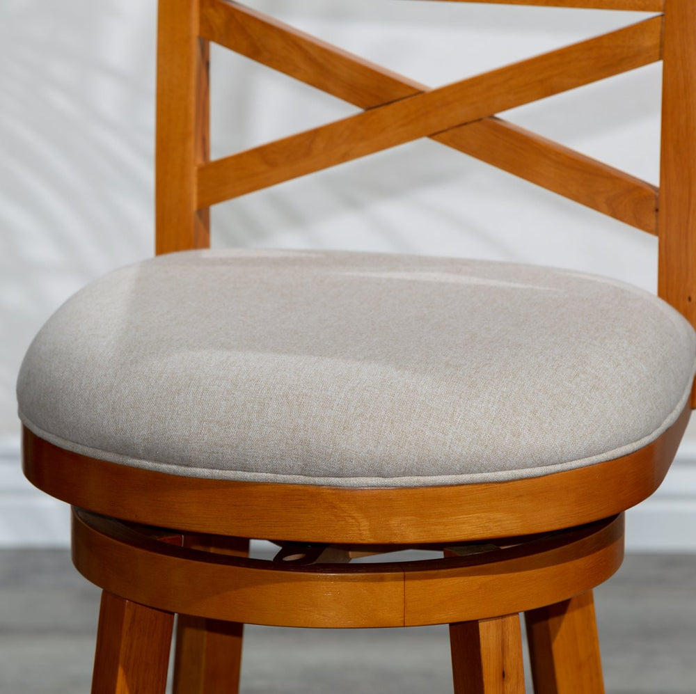 English Elm 30" Bar Height X-Back Swivel Stool - Classic Design, Beige Padded Seat, Durable Hardwood Frame B04660717