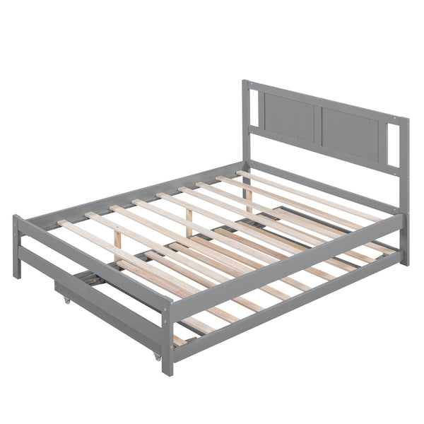English Elm Full Full Size Platform Bed with Adjustable Trundle, Solid Pine & MDF, 10 Slats, Sturdy 600lb Capacity Gray WF299727AAE