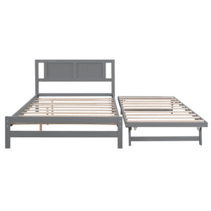 English Elm Full Full Size Platform Bed with Adjustable Trundle, Solid Pine & MDF, 10 Slats, Sturdy 600lb Capacity Gray WF299727AAE
