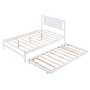 English Elm Full Full Size Platform Bed with Adjustable Trundle, Solid Pine & MDF, 10 Slats, Sturdy 600lb Capacity White WF299727AAK