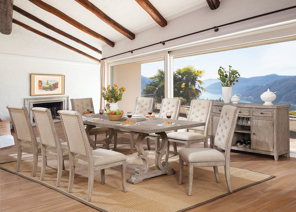 English Elm Natural Rustic Tone Beige Fabric Dining Chairs Set of 2 — Button Tufted Backs, Nailhead Trim, Solid Wood B01181961