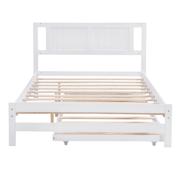 English Elm Full Full Size Platform Bed with Adjustable Trundle, Solid Pine & MDF, 10 Slats, Sturdy 600lb Capacity White WF299727AAK