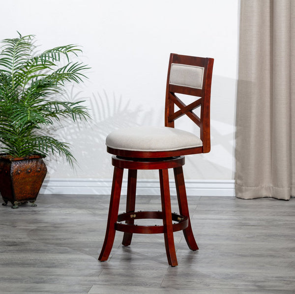 English Elm 24" Counter Height Swivel Stool with Slat Back, Bonded Leather Seat, Solid Hardwood Frame, Durable Cherry B04660708