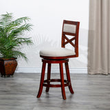 English Elm 24" Counter Height X-Back Swivel Stool, Cherry Finish, Beige Fabric Seat