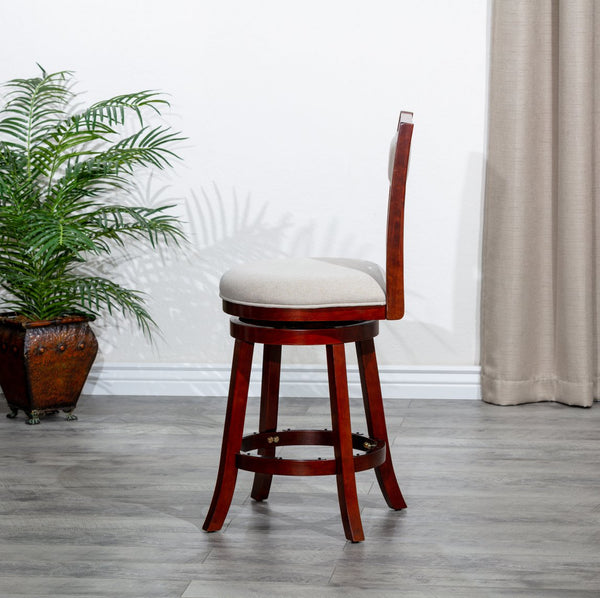English Elm 30" 30" Bar Height X-Back Swivel Stool Cherry Finish with Beige Padded Fabric Seat, Solid Hardwood Frame B04660709