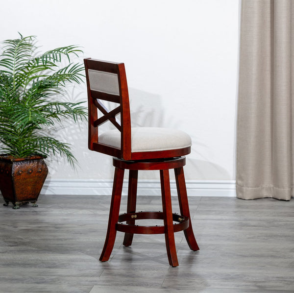 English Elm 30" 30" Bar Height X-Back Swivel Stool Cherry Finish with Beige Padded Fabric Seat, Solid Hardwood Frame B04660709