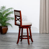 English Elm 24" Counter Height X-Back Swivel Stool, Cherry Finish, Beige Fabric Seat