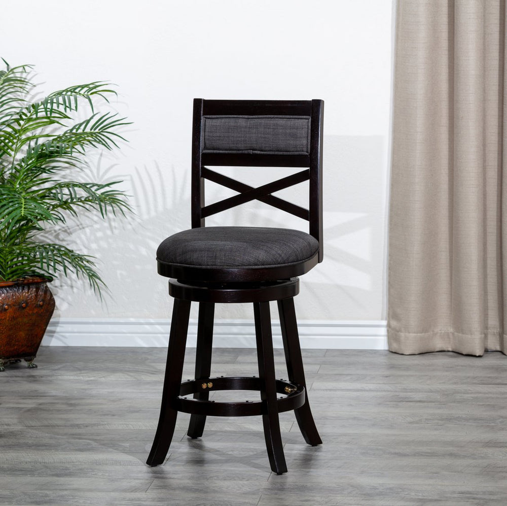 English Elm 24" Counter Height X-Back Swivel Stool with Padded Charcoal Seat, Solid Hardwood Frame, Durable Swivel mecanismo Espresso B04660714