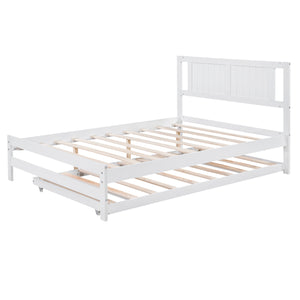 English Elm Full Full Size Platform Bed with Adjustable Trundle, Solid Pine & MDF, 10 Slats, Sturdy 600lb Capacity White WF299727AAK
