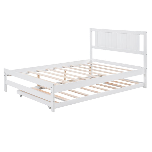 English Elm Full Full Size Platform Bed with Adjustable Trundle, Solid Pine & MDF, 10 Slats, Sturdy 600lb Capacity White WF299727AAK