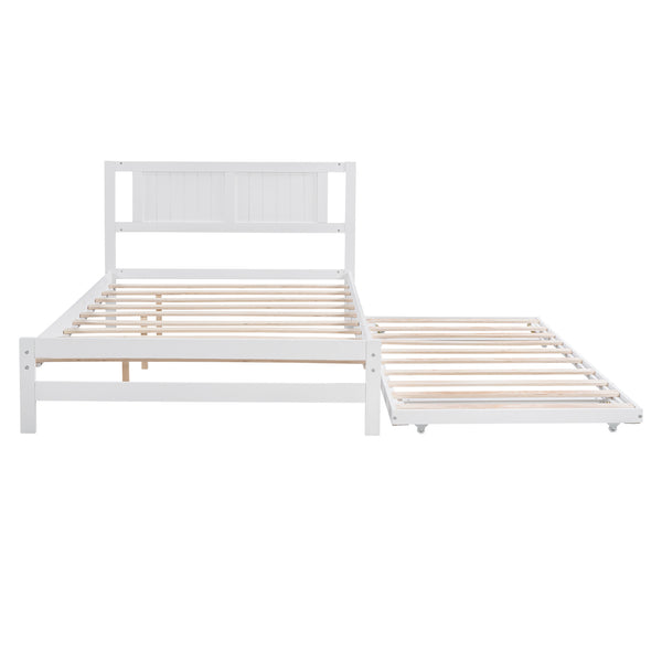 English Elm Full Full Size Platform Bed with Adjustable Trundle, Solid Pine & MDF, 10 Slats, Sturdy 600lb Capacity White WF299727AAK