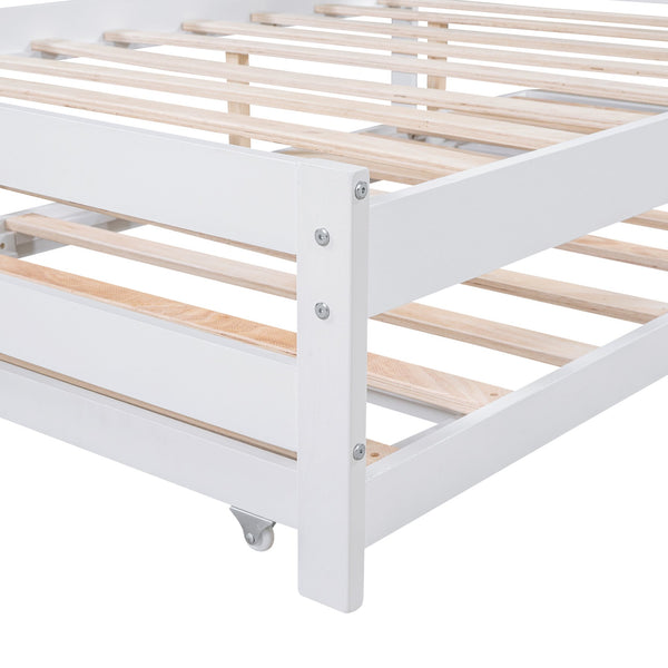 English Elm Full Full Size Platform Bed with Adjustable Trundle, Solid Pine & MDF, 10 Slats, Sturdy 600lb Capacity White WF299727AAK