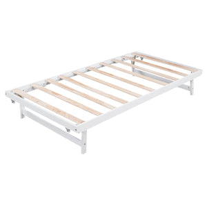English Elm Full Full Size Platform Bed with Adjustable Trundle, Solid Pine & MDF, 10 Slats, Sturdy 600lb Capacity White WF299727AAK