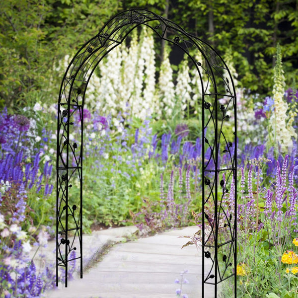 English Elm Metal Gothic Arch Garden Arbor Powder Coated Steel Trellis for Climbing Roses Black W158681100