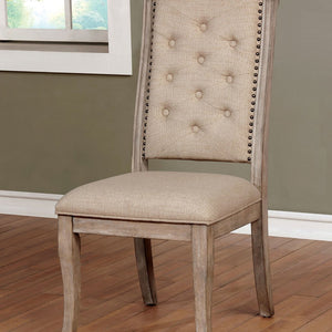 English Elm Natural Rustic Tone Beige Fabric Dining Chairs Set of 2 — Button Tufted Backs, Nailhead Trim, Solid Wood B01181961