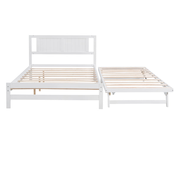 English Elm Full Full Size Platform Bed with Adjustable Trundle, Solid Pine & MDF, 10 Slats, Sturdy 600lb Capacity White WF299727AAK