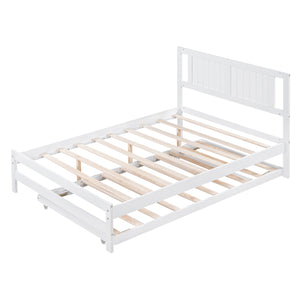 English Elm Full Full Size Platform Bed with Adjustable Trundle, Solid Pine & MDF, 10 Slats, Sturdy 600lb Capacity White WF299727AAK