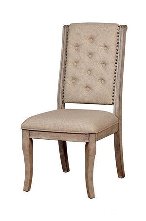 English Elm Natural Rustic Tone Beige Fabric Dining Chairs Set of 2 — Button Tufted Backs, Nailhead Trim, Solid Wood B01181961