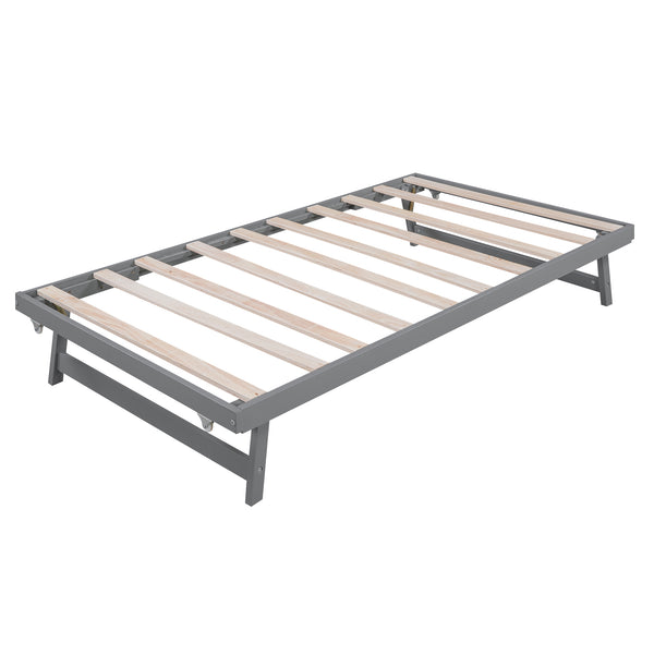 English Elm Full Full Size Platform Bed with Adjustable Trundle, Solid Pine & MDF, 10 Slats, Sturdy 600lb Capacity Gray WF299727AAE