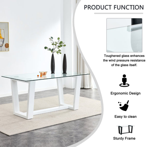English Elm Modern Tempered Glass Rectangular Dining Table with Matte Black Legs Seats Six W1151S00327