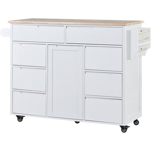 English Elm K&k Store Mobile Kitchen Island Rubberwood Top Eight Push-open Drawers Rolling Storage White SK000002AAW