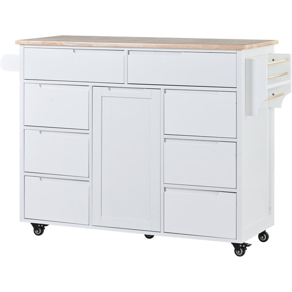 English Elm K&k Store Mobile Kitchen Island Rubberwood Top Eight Push-open Drawers Rolling Storage White SK000002AAW