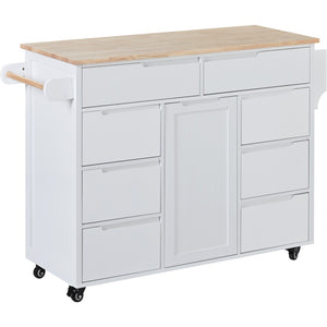 English Elm K&k Store Mobile Kitchen Island Rubberwood Top Eight Push-open Drawers Rolling Storage White SK000002AAW