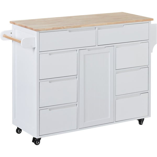 English Elm K&k Store Mobile Kitchen Island Rubberwood Top Eight Push-open Drawers Rolling Storage White SK000002AAW