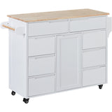 English Elm Kitchen Cart With Rubber Wood Countertop , Kitchen Island Has 8 Handle-Free Drawers Including A Flatware Organizer and 5 Wheels For Kitchen Dinning Room, White