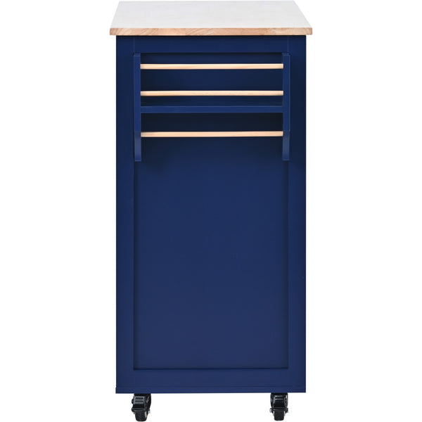 English Elm K&k Store Mobile Kitchen Island Rubberwood Top Eight Push-open Drawers Rolling Storage Blue SK000002AAG
