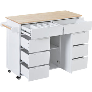 English Elm K&k Store Mobile Kitchen Island Rubberwood Top Eight Push-open Drawers Rolling Storage White SK000002AAW