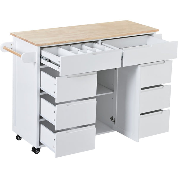 English Elm K&k Store Mobile Kitchen Island Rubberwood Top Eight Push-open Drawers Rolling Storage White SK000002AAW