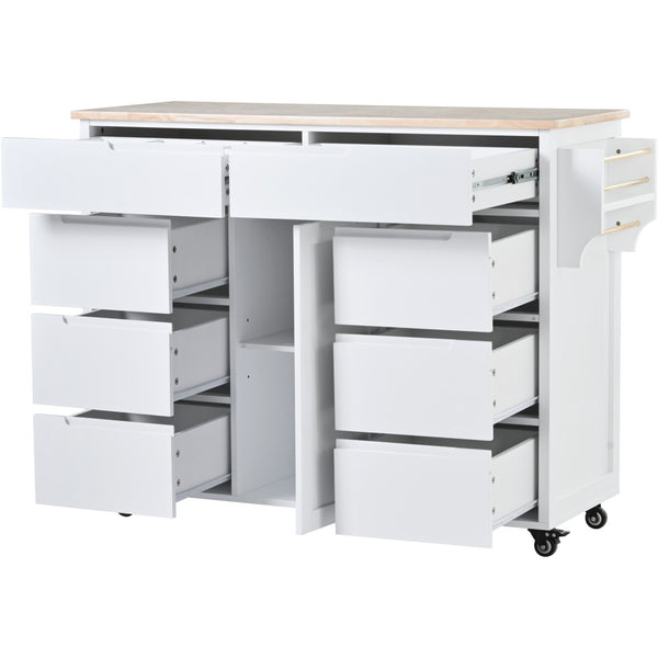 English Elm K&k Store Mobile Kitchen Island Rubberwood Top Eight Push-open Drawers Rolling Storage White SK000002AAW
