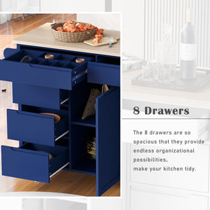English Elm K&k Store Mobile Kitchen Island Rubberwood Top Eight Push-open Drawers Rolling Storage Blue SK000002AAG