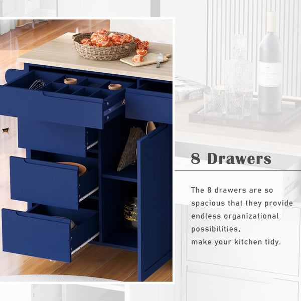 English Elm K&k Store Mobile Kitchen Island Rubberwood Top Eight Push-open Drawers Rolling Storage Blue SK000002AAG