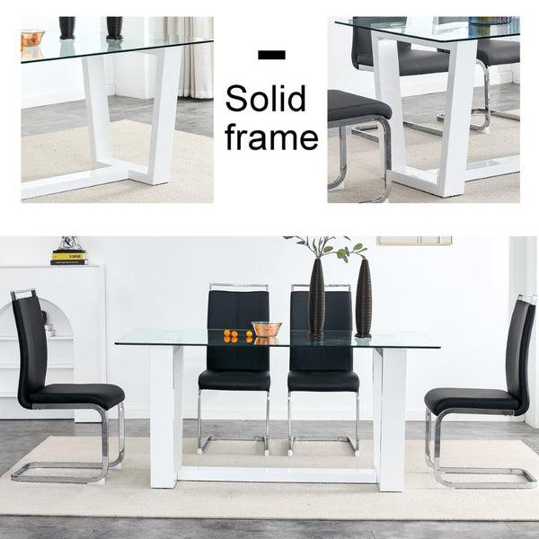 English Elm Modern Tempered Glass Rectangular Dining Table with Matte Black Legs Seats Six W1151S00327