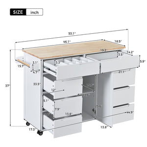 English Elm K&k Store Mobile Kitchen Island Rubberwood Top Eight Push-open Drawers Rolling Storage White SK000002AAW