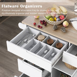 English Elm Kitchen Cart With Rubber Wood Countertop , Kitchen Island Has 8 Handle-Free Drawers Including A Flatware Organizer and 5 Wheels For Kitchen Dinning Room, White