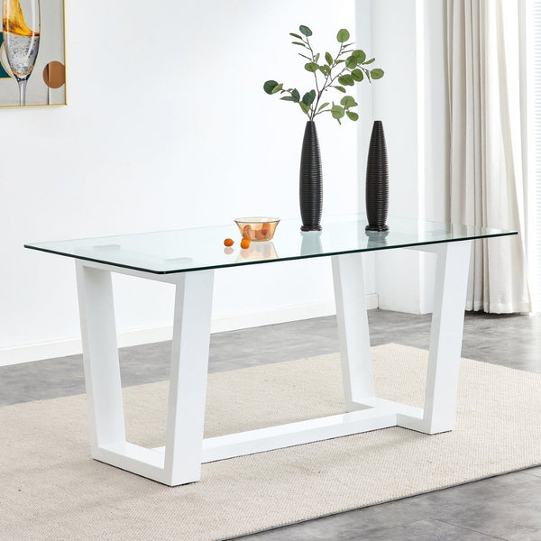 English Elm Modern Tempered Glass Rectangular Dining Table with Matte Black Legs Seats Six W1151S00327