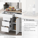 English Elm Kitchen Cart With Rubber Wood Countertop , Kitchen Island Has 8 Handle-Free Drawers Including A Flatware Organizer and 5 Wheels For Kitchen Dinning Room, White