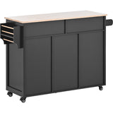 English Elm Kitchen Cart With Rubber Wood Countertop , Kitchen Island Has 8 Handle-Free Drawers Including A Flatware Organizer and 5 Wheels For Kitchen Dinning Room, Black