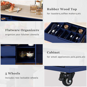 English Elm K&k Store Mobile Kitchen Island Rubberwood Top Eight Push-open Drawers Rolling Storage Blue SK000002AAG
