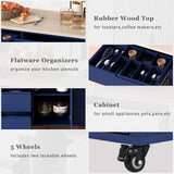 English Elm Kitchen Cart With Rubber Wood Countertop , Kitchen Island Has 8 Handle-Free Drawers Including A Flatware Organizer and 5 Wheels For Kitchen Dinning Room, Dark Blue