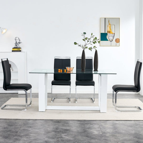 English Elm Modern Tempered Glass Rectangular Dining Table with Matte Black Legs Seats Six W1151S00327