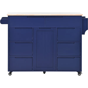 English Elm K&k Store Mobile Kitchen Island Rubberwood Top Eight Push-open Drawers Rolling Storage Blue SK000002AAG