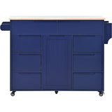 Dayton Kitchen Cart on 5 Wheels with Countertop, 8 Handle Free Drawers, Dark Blue