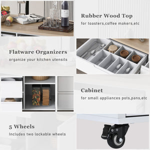 English Elm K&k Store Mobile Kitchen Island Rubberwood Top Eight Push-open Drawers Rolling Storage White SK000002AAW