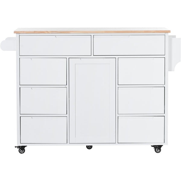 English Elm K&k Store Mobile Kitchen Island Rubberwood Top Eight Push-open Drawers Rolling Storage White SK000002AAW