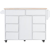 English Elm Kitchen Cart With Rubber Wood Countertop , Kitchen Island Has 8 Handle-Free Drawers Including A Flatware Organizer and 5 Wheels For Kitchen Dinning Room, White