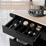 English Elm Kitchen Cart With Rubber Wood Countertop , Kitchen Island Has 8 Handle-Free Drawers Including A Flatware Organizer and 5 Wheels For Kitchen Dinning Room, Black